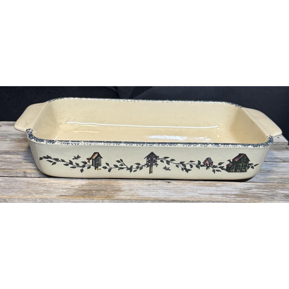 Vintage Home & Garden Party Birdhouse Baking Dish Beige Rectangle USA Ceramic